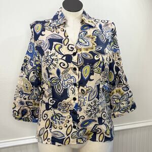 Carole Little Size XL Top 100% Linen Summer Floral 3/4 Sleeve Snatched Waist